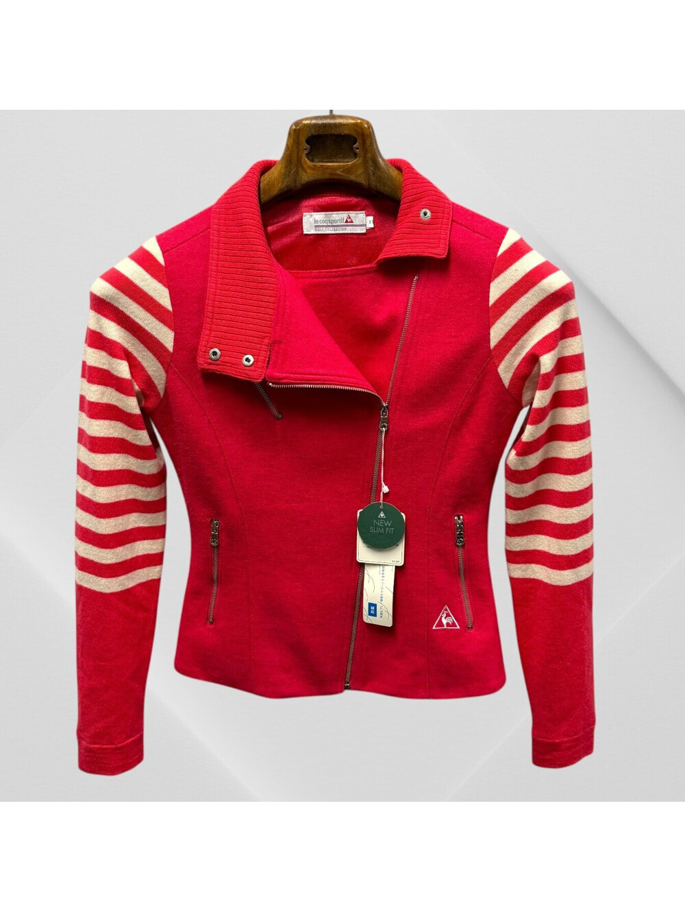 Le Coq Sportif Womens PINK Striped Sleeve Knit Wool Blend Sweater Jacket XS NWT